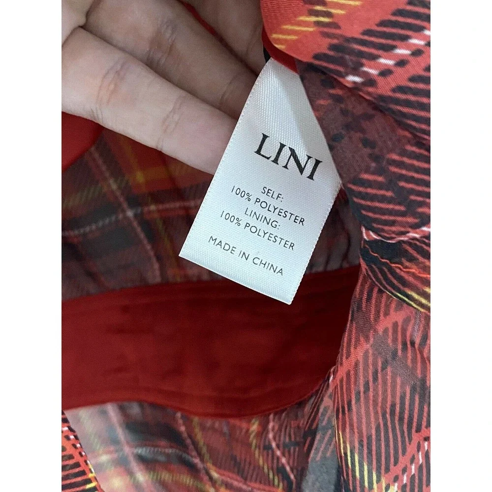 $192 LINI Women's Red Plaid V-Neck Sheer Long Balloon-Sleeve V-Neck Blouse XS - Picture 6 of 7